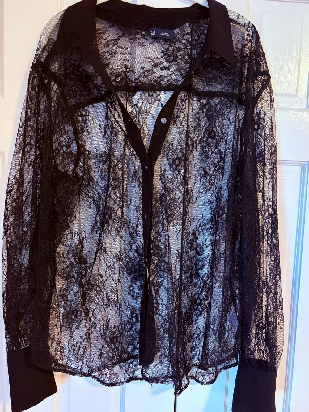GAP Black Sheer Lace Button-Down Blouse